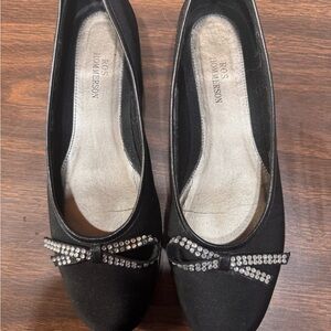 Ros Hommerson Black Suede Flats with Rhinestone Bow